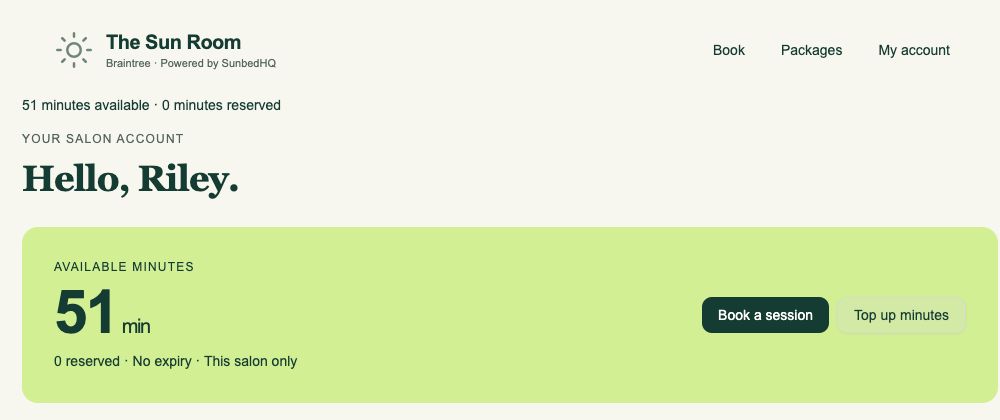 Riley’s SunbedHQ customer account showing 51 minutes available, zero reserved, no expiry and this salon only.