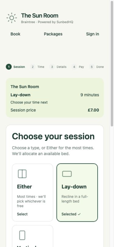 Customer booking session step with the lay-down bed type selected.