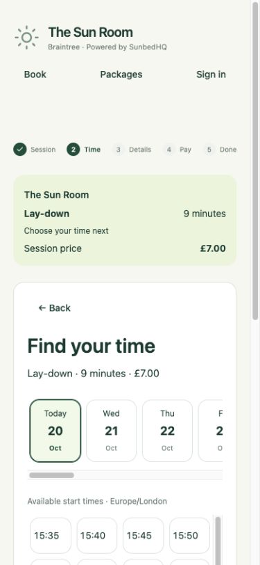 Customer booking time step showing dates and available start times for a nine-minute lay-down session.