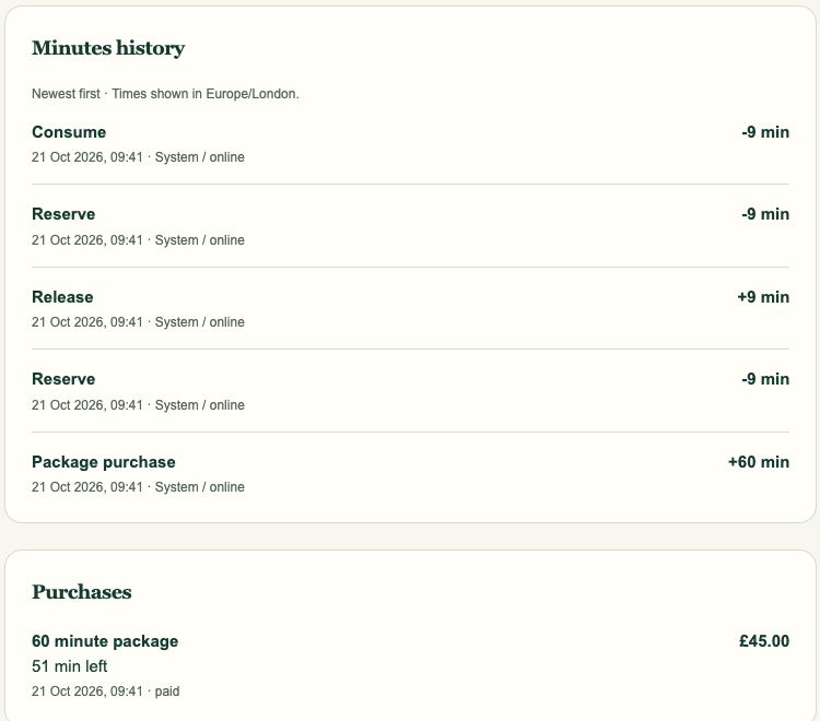 Staff minute history, newest first: consume nine, reserve nine, release nine, reserve nine and purchase 60; the purchase card shows 51 minutes left.
